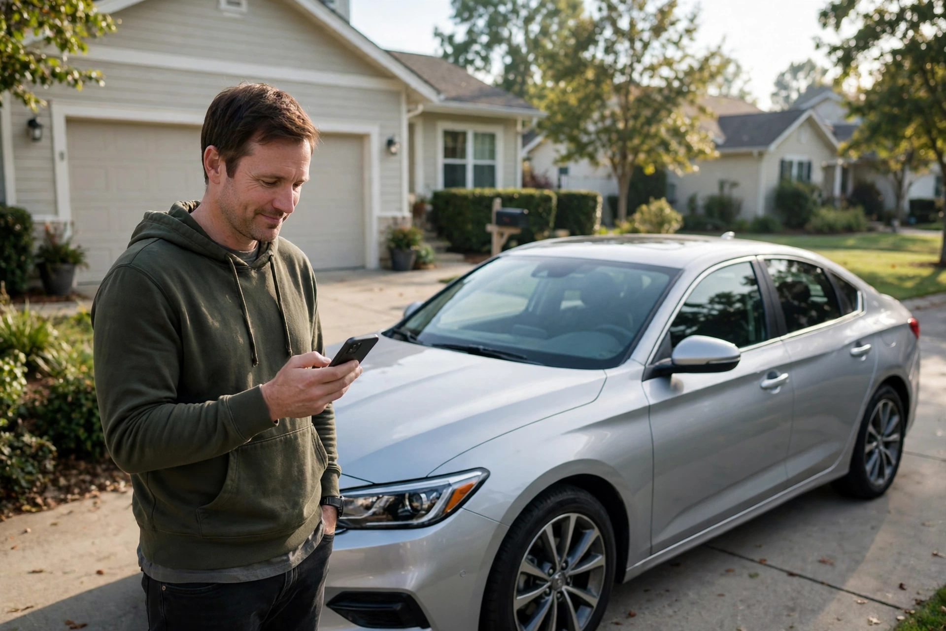 Car owner checking why a car is shaking at idle on a phone in a driveway before booking a repair