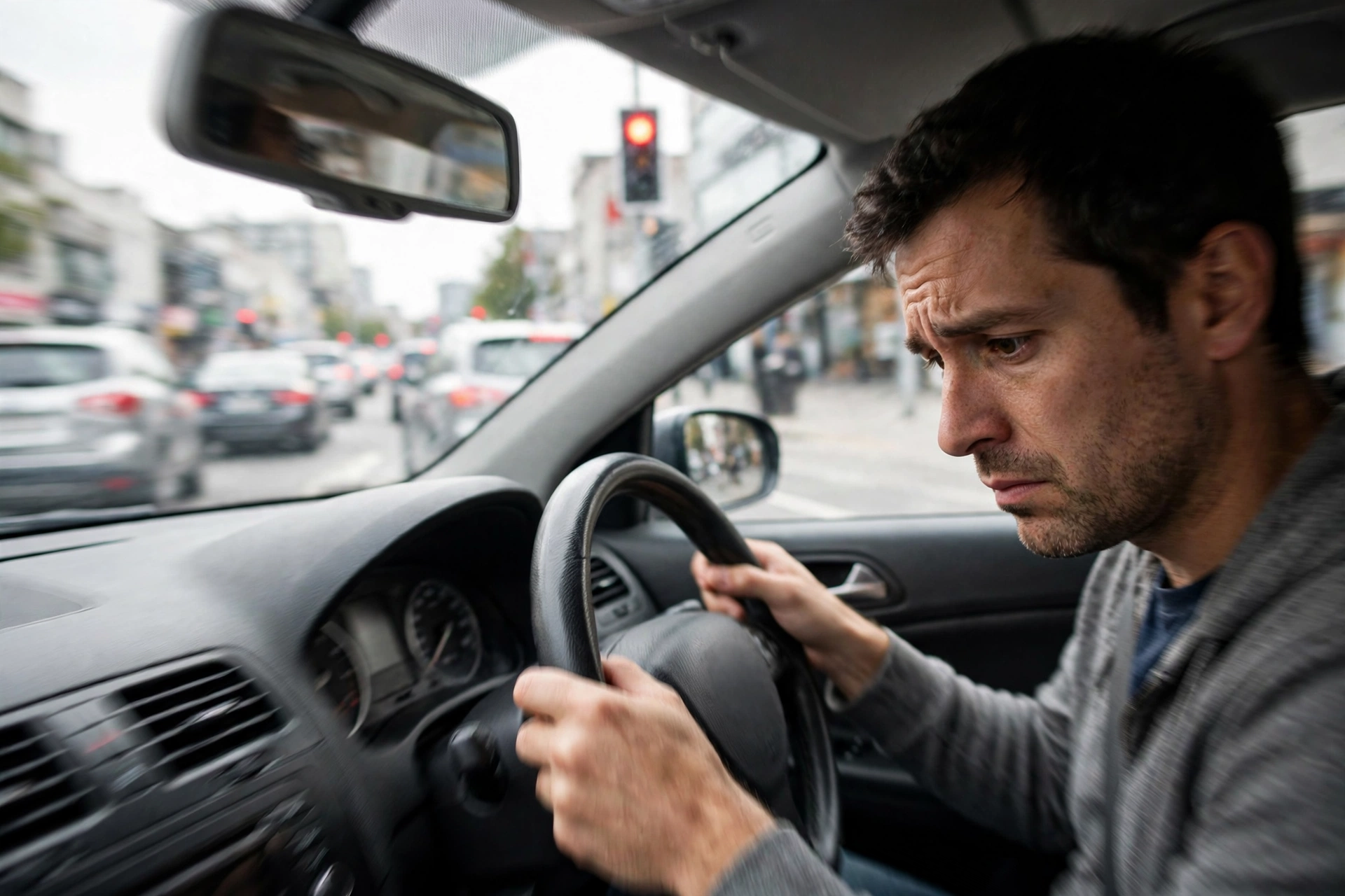 Driver at a red light feeling a car shaking at idle through the steering wheel