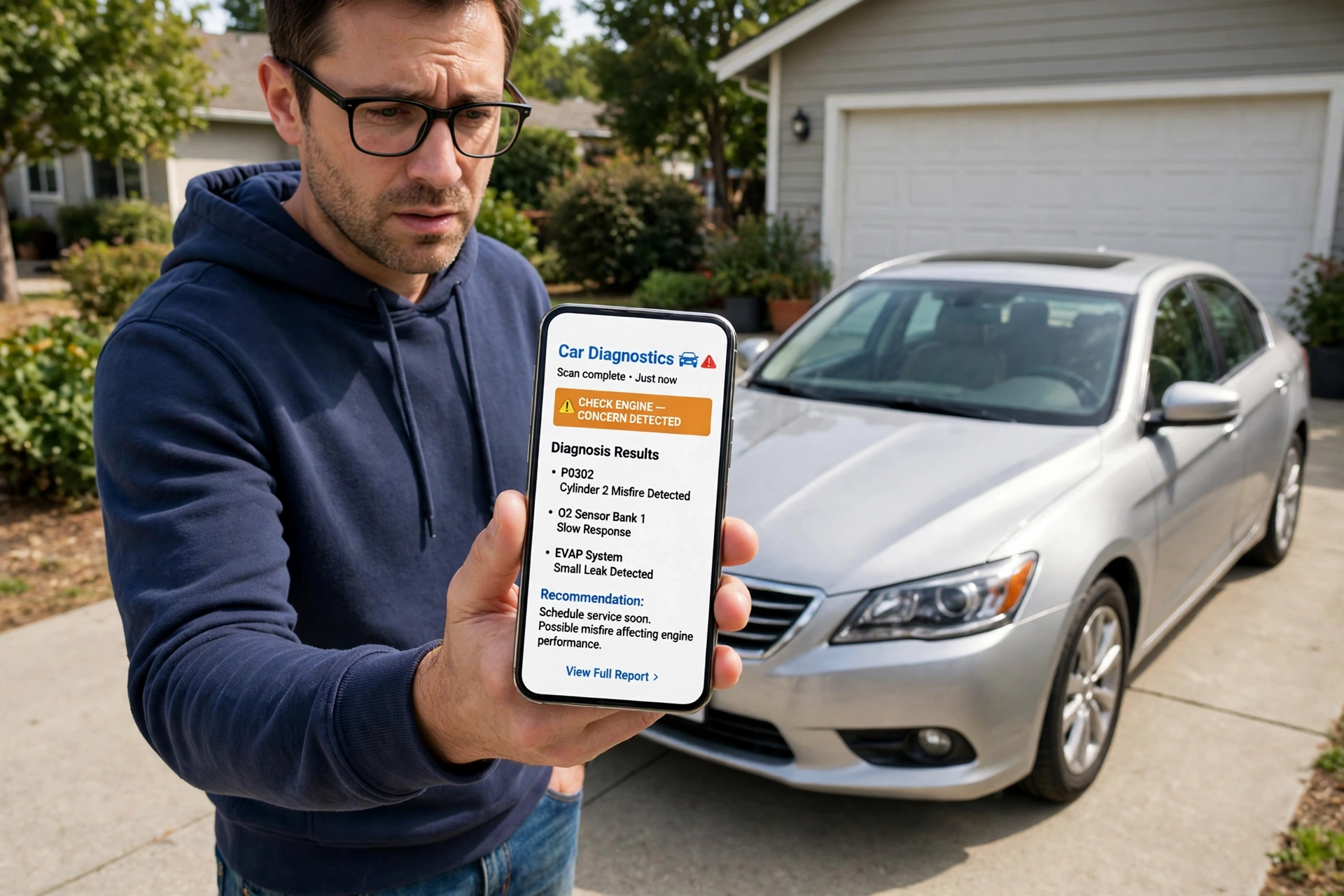 Car owner using AI Mechanic on a phone in a driveway to check a flashing check engine light before driving