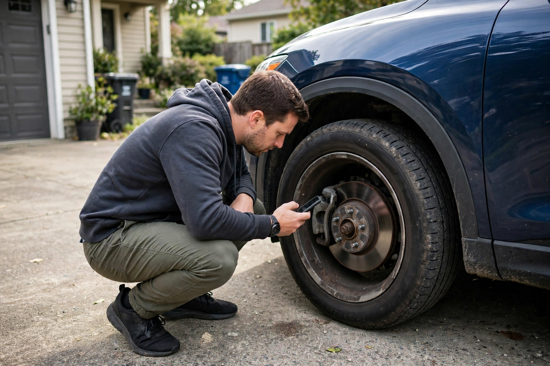 Car owner checking a grinding noise when braking on a phone beside the front wheel in a driveway
