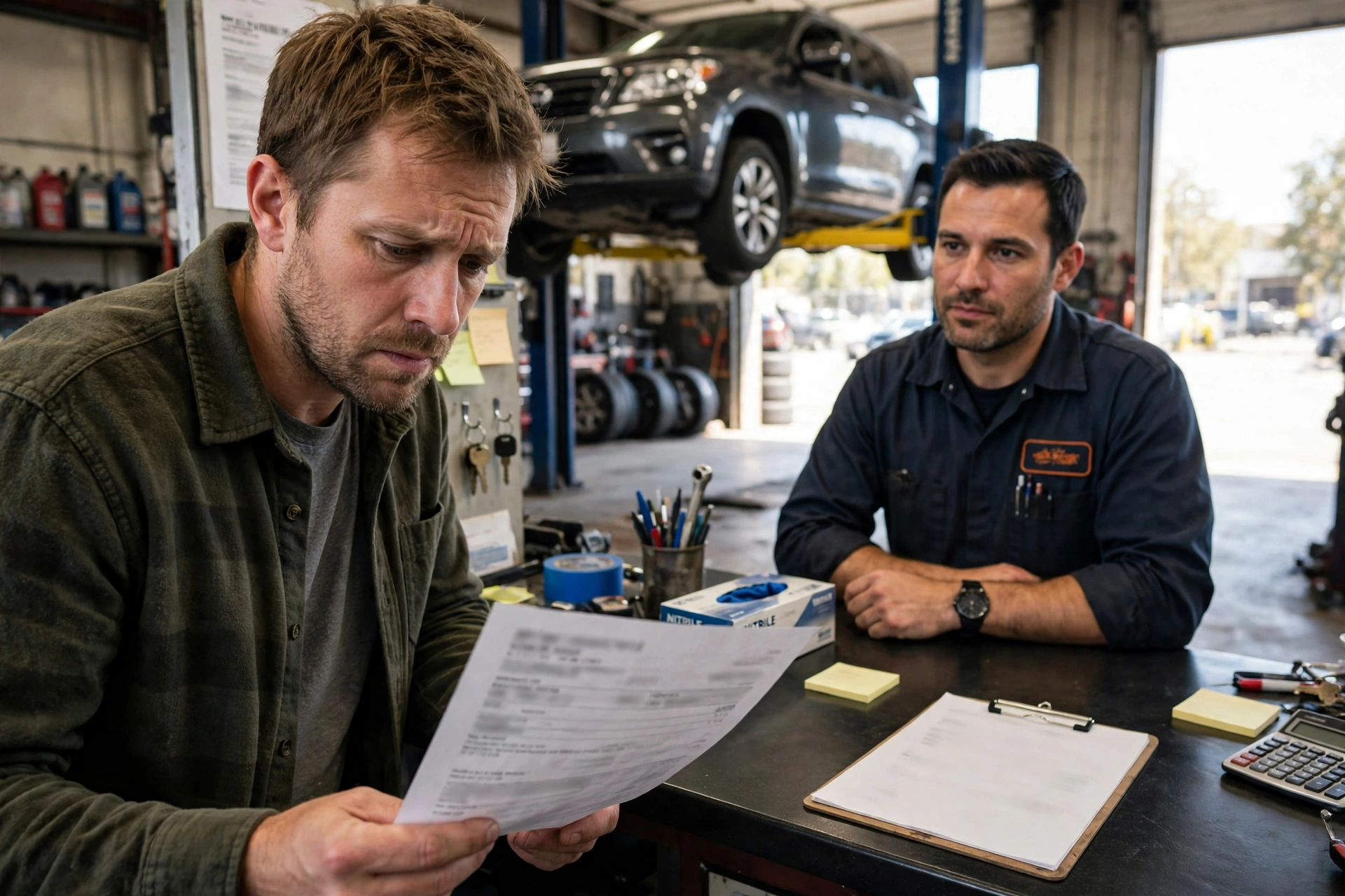 Car owner reading a diagnostic estimate at a repair shop counter — how much does a car diagnostic cost