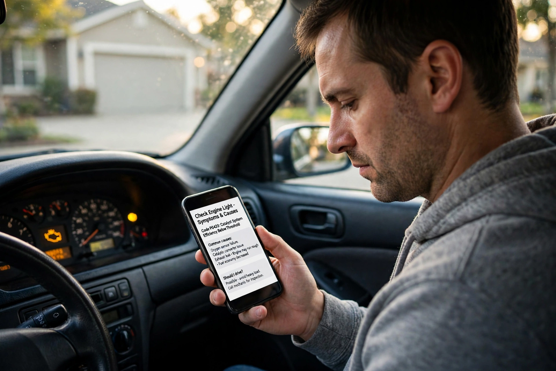 Car owner checking a P0420 result on a phone in the driver seat before paying for a shop diagnostic