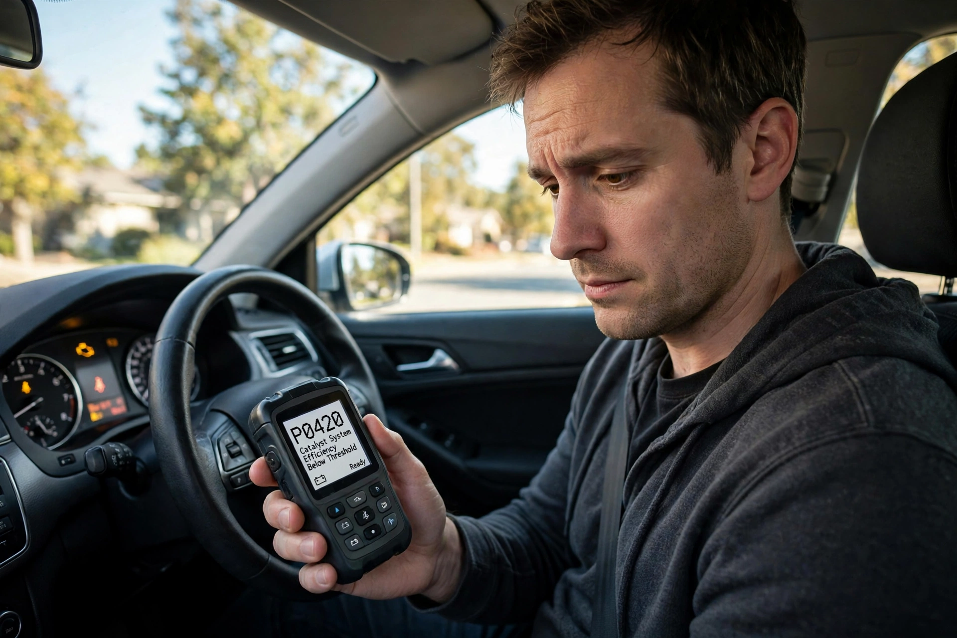 Driver reading a P0420 code and weighing the catalytic converter or oxygen sensor question at the dashboard