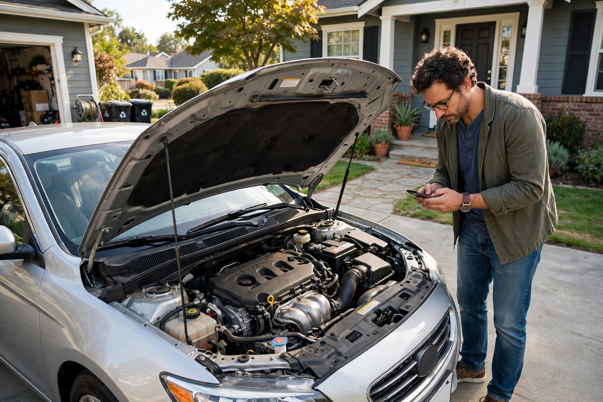 Car owner checking whether a P0420 code means a catalytic converter or oxygen sensor on a phone in a driveway